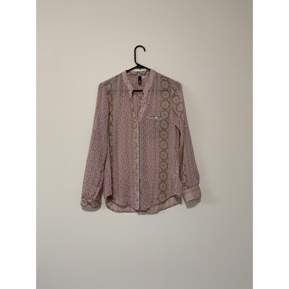 Kut from the Kloth Womens Roll Tab Sleeve Button Front Aztec Boho Blouse Top XS - Picture 1 of 6